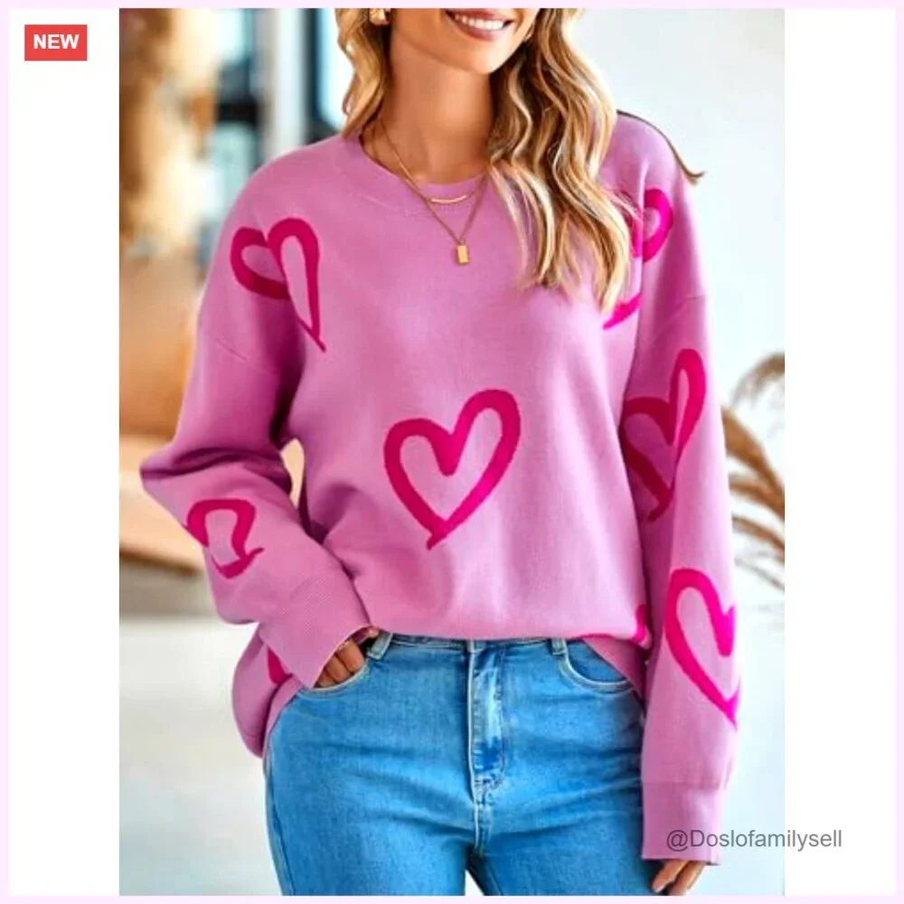 Oversized Heart Print Pullover Sweater Crew Neck Long Sleeve Knit Y2K Cute - Picture 5 of 7